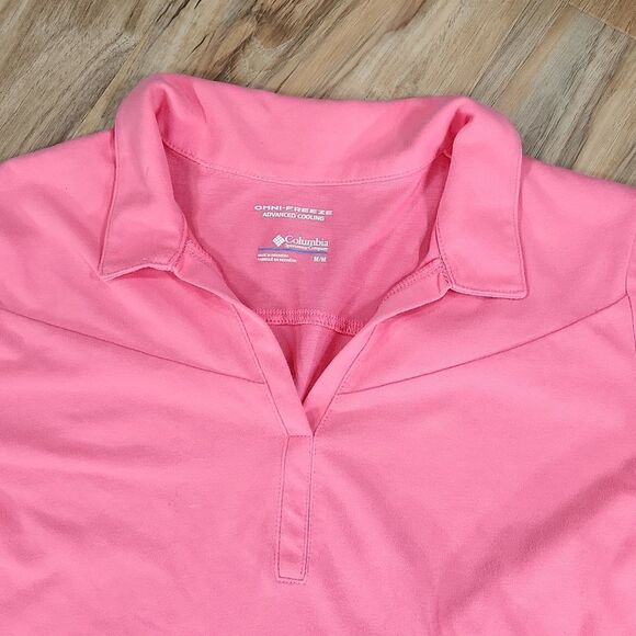 🐞Columbia Pink Omni-Freeze Collared Vneck Short Sleeve Top Medium - Picture 7 of 15